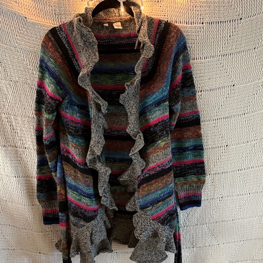 Moth Multicolor Striped Ruffle-Trim Open Cardigan with Gray Trim